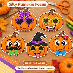Puede incluir: Cinco recortes de calabaza naranja con varios accesorios: un lazo morado y gafas de corazón, gafas de girasol, un bigote negro y pajarita verde, un sombrero de bruja y gafas de estrella, y una flor roja con pajarita azul. Texto: Silly Pumpkin Faces.
