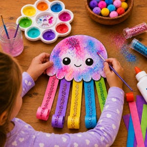 May include: A paper jellyfish craft with a multi-coloured watercolour head and five dangling paper tentacles in pink, purple, yellow, blue, and green, each decorated with glitter. The craft is being painted with a brush near paint and glitter.