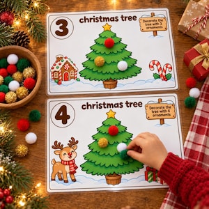 May include: Two rectangular educational activity sheets featuring illustrations of Christmas trees, a gingerbread house, and a reindeer. The sheets include the text 'christmas tree', numbers 3 and 4, and instructions to decorate with ornaments.