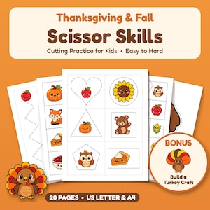 Könnte beinhalten: Thanksgiving & Fall Scissor Skills Schneideübungen für Kinder. Enthält 20 Seiten in US Letter und A4. Mit gepunkteten Linien zum Ausschneiden von Formen wie Herzen, Kreisen und Quadraten sowie niedlichen herbstlichen Motiven.