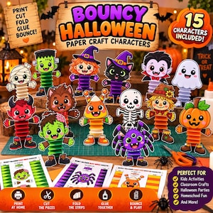 Peut inclure: Une collection de 15 personnages en papier pour Halloween, incluant une momie, Frankenstein, une sorcière, un chat noir, un vampire, un fantôme, un diable, un loup-garou, un bonbon, un squelette, un épouvantail, une araignée et une citrouille.