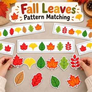 Può includere: Un set di attività educativa Fall Leaves Pattern Matching che include un cartello con il testo Fall Leaves Pattern Matching, diverse strisce rettangolari con sequenze di illustrazioni di foglie colorate e ritagli di foglie individuali in rosso, arancione, giallo, verde e marrone.