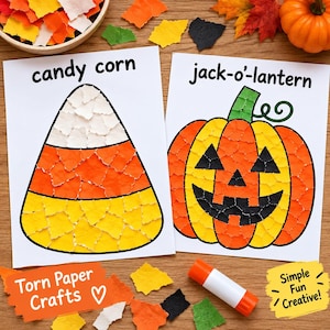 May include: Two white craft sheets featuring torn paper collages. One sheet shows a candy corn with white, orange, and yellow paper pieces and the text candy corn. The other shows a jack-o-lantern with orange, yellow, and black paper pieces and the text jack-o-lantern.