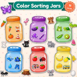 Op de afbeelding: Een set van zes kleurgecodeerde sorteerpotten met de labels Oranje, Paars, Groen, Blauw, Rood en Geel. Elke pot bevat illustraties van items die bij de kleur passen, waaronder fruit, dieren en objecten, met een vlinder en 11 kleuren tekst.
