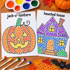 May include: Two white activity sheets featuring dot art designs. One sheet shows a pumpkin with the text jack-o'-lantern, and the other shows a house with the text haunted house. Both designs are filled with colourful painted dots in orange, yellow, purple, blue, and green.