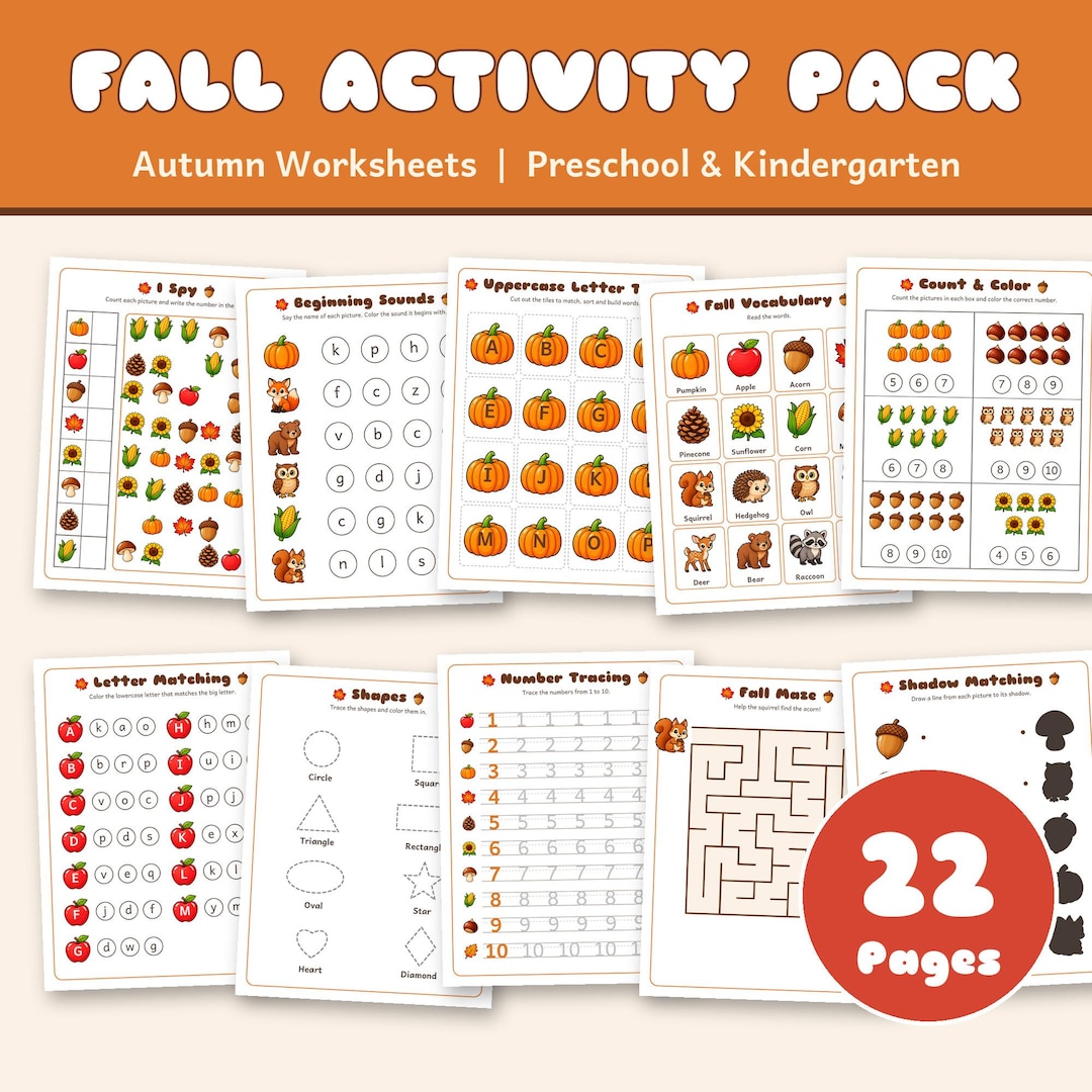 Fall Activity Pack Printable, 22 Autumn Worksheets for Preschool, Pre K ...