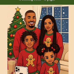 Könnte beinhalten: Ein Malbuch mit dem Titel Cozy Winter Holidays: Family Edition 48 Seiten. Das Titelbild zeigt eine vierköpfige Familie in passenden roten Pullovern mit Lebkuchenmann-Motiven vor einem geschmückten Weihnachtsbaum.