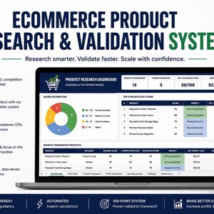 May include: A laptop displaying an e-commerce product research and validation system dashboard with charts, tables, and data points. The screen shows product research, score distribution, and top products by score. A gold seal reads Built for E-commerce Sellers.
