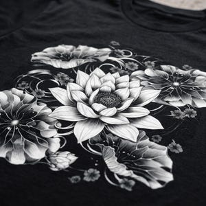 以下が含まれることがあります： 複数の蓮の花と小さな花々が描かれた、詳細な白いグラフィックプリントが施された黒いTシャツ。デザインは複雑な線画と陰影を特徴としており、中央の蓮の重なり合う花びらと周囲の葉を強調しています。