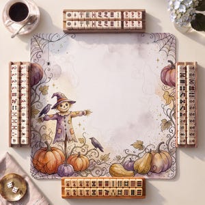 Pumpkin Patch Scarecrow Mahjong Mat, Halloween Watercolor Print, Non-Slip with Bag