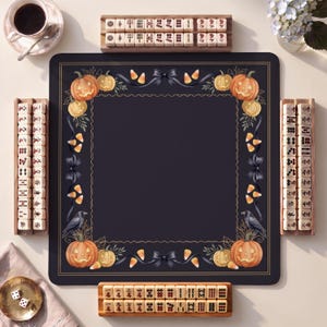 Candy Corn Pumpkin Patch Mahjong Mat, Black Orange Halloween Watercolor Print, Non-Slip with Bag