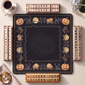Vintage Pumpkin Patch Postcard Mahjong Mat, Black Orange Halloween Watercolor Print, Non-Slip with Bag