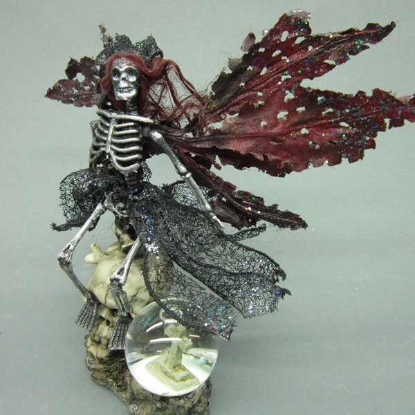 OOAK dead Fairy Goth art doll miniature skeleton SKULL snow globe leaf wings graveyard toumbstone queen