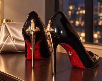 Décolleté nere con tacco a spada, scarpe slip-on a punta con tacco a spillo, dettaglio scettro metallico, tacchi gotici per feste