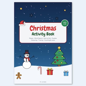 Op de afbeelding: Een kerstactiviteitenboek-omslag met een donkerblauwe besneeuwde achtergrond. De tekst luidt Christmas Activity Book, Mazes, Word Search, Dot-to-Dot, Puzzles, Colouring, Tracing, Counting & more. Met een sneeuwpop, kerstboom, zuurstok en cadeaus.