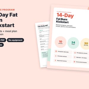 Op de afbeelding: Een 28-pagina tellende digitale fitnessgids in PDF-formaat genaamd 14-Day Fat Burn Kickstart. Het document bevat trainingsschema's, maaltijdplannen, 24 recepten en boodschappenlijstjes. Met een lichtroze achtergrond en koraal, mint en gele iconen.