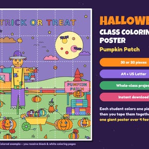 Op de afbeelding: Een Halloween-kleurposter voor de klas met een pompoenveld, een vogelverschrikker, pompoenen, een volle maan en vleermuizen. De tekst luidt TRICK OR TREAT, HALLOWEEN CLASS COLORING POSTER, Pumpkin Patch, 30 or 20 pieces, A4 + US Letter, Whole-class project en Instant download.