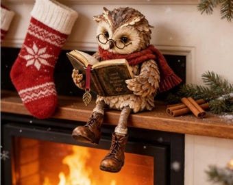 Vintage Reading Owl Resin Figurine | Glasses, Red Scarf, Cozy Book Lover Shelf Decor