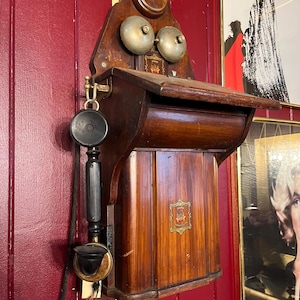 Antique Jydsk Telefon Aktieselskab Wooden Wall Telephone Cabin l Danish Crank Phone 1900s Wood Case, l Original Handset and Bells