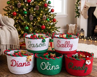 Personalized Christmas Basket, Custom Yarn Name Cotton Rope Gift Basket, Kids Holiday Toy Storage Bin, Christmas Eve Gift Basket for Kids