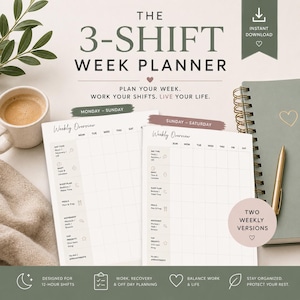 May include: The 3-Shift Week Planner digital template features two weekly overview layouts, one for Monday-Sunday and one for Sunday-Saturday. The pages include sections for day type, shift time, sleep plan, meals, movement, priority, and to-do lists.