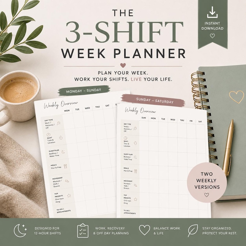 Puede incluir: La plantilla digital 3-Shift Week Planner presenta dos dise&ntilde;os de resumen semanal, uno de lunes a domingo y otro de domingo a s&aacute;bado. Las p&aacute;ginas incluyen secciones para tipo de d&iacute;a, horario de turno, plan de sue&ntilde;o, comidas, ejercicio y tareas.