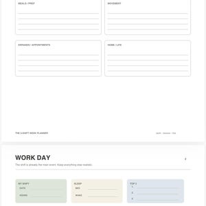 Puede incluir: Un planificador imprimible de dos p&aacute;ginas con un horario semanal y un registro de trabajo diario. El dise&ntilde;o incluye secciones para turnos, tareas, comidas, movimiento y recados, con casillas de verificaci&oacute;n para listas de control diarias.