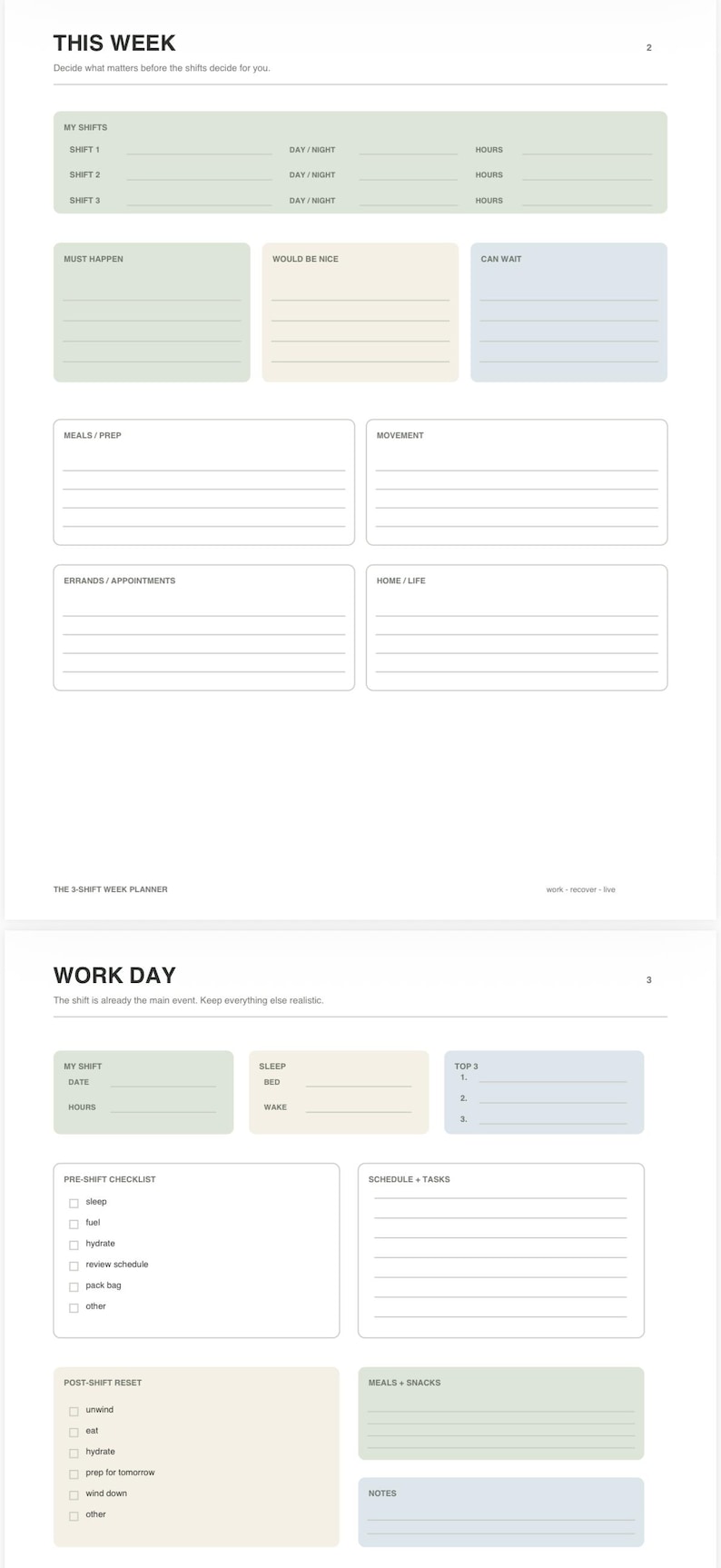 Puede incluir: Un planificador imprimible de dos p&aacute;ginas con un horario semanal y un registro de trabajo diario. El dise&ntilde;o incluye secciones para turnos, tareas, comidas, movimiento y recados, con casillas de verificaci&oacute;n para listas de control diarias.