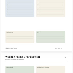 Puede incluir: Un dise&ntilde;o de planificador de dos p&aacute;ginas con los encabezados OFF DAY y WEEKLY RESET + REFLECTION. Las p&aacute;ginas contienen secciones de colores pastel con l&iacute;neas y vi&ntilde;etas circulares para organizar tareas, citas, comidas y reflexiones personales.