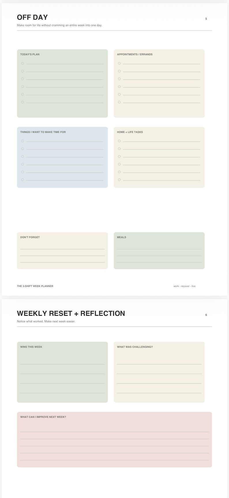 Puede incluir: Un dise&ntilde;o de planificador de dos p&aacute;ginas con los encabezados OFF DAY y WEEKLY RESET + REFLECTION. Las p&aacute;ginas contienen secciones de colores pastel con l&iacute;neas y vi&ntilde;etas circulares para organizar tareas, citas, comidas y reflexiones personales.