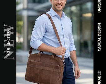 May include: A brown leather messenger bag with a rectangular shape, a top handle, and an adjustable shoulder strap. The bag features a front zippered pocket and a main compartment with a zipper closure. Text on the side reads NEW COLLECTION UNIQUE CASUAL DESIGN DURABLE.