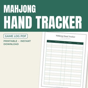Può includere: Un documento PDF di registro di gioco Mahjong Hand Tracker con una griglia bianca e colonne etichettate Date, Hand Name, Pts, Winner e Notes. Il testo dell'intestazione recita Mahjong Hand Tracker, Game Log, Page 1 of 2, con accenti verde scuro.