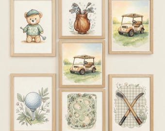 Könnte beinhalten: Ein Set aus sechs gerahmten Wandbildern mit Golf-Aquarellillustrationen, darunter ein Teddybär als Golfer, eine Golftasche aus Leder, zwei Golfcarts, ein Golfball auf einem Tee, eine Platzübersicht und gekreuzte Golfschläger.