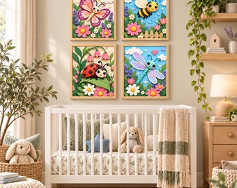 3D Cute Insect Nursery Wall Art Set of 4, Butterfly Bee Prints, Kids Room Decor