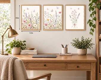 Wildflower Nursery Wall Art Set of 3, Watercolor Floral Prints, Girl Baby Room Decor