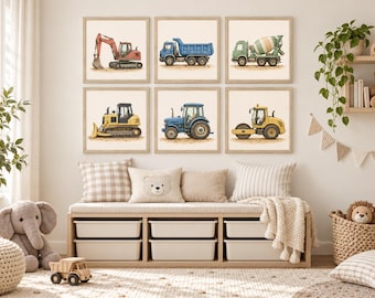 Könnte beinhalten: Ein Set aus sechs quadratischen Wandbildern mit Illustrationen von Baufahrzeugen, darunter ein orangefarbener Bagger, ein blauer Muldenkipper, ein grüner Betonmischer, eine gelbe Planierraupe, ein blauer Traktor und eine gelbe Straßenwalze.