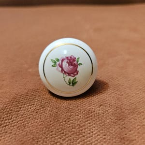 Lot of 7 Vintage White Porcelain Drawer Knobs – Pink Rose with Gold Rim ~1" Diameter