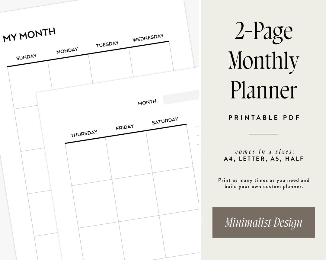 Undated Monthly Planner Printable, Month on Two Pages, Monthly Calendar Inserts, Minimalist ...