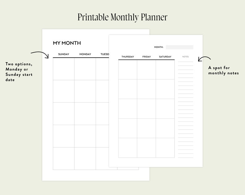Undated Monthly Planner Printable, Month on Two Pages, Monthly Calendar Inserts, Minimalist ...