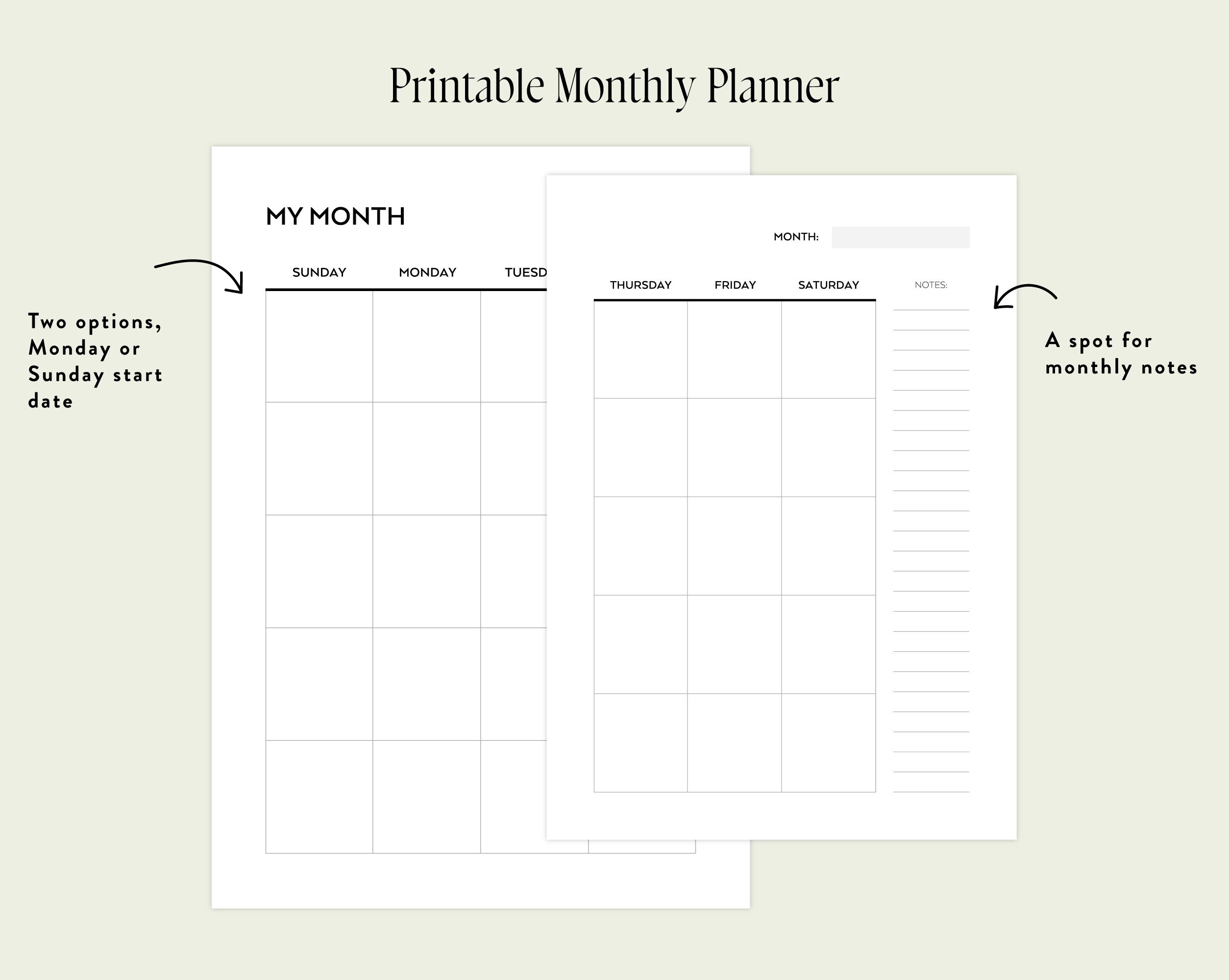 Undated Monthly Planner Printable, Month on Two Pages, Monthly Calendar Inserts, Minimalist ...