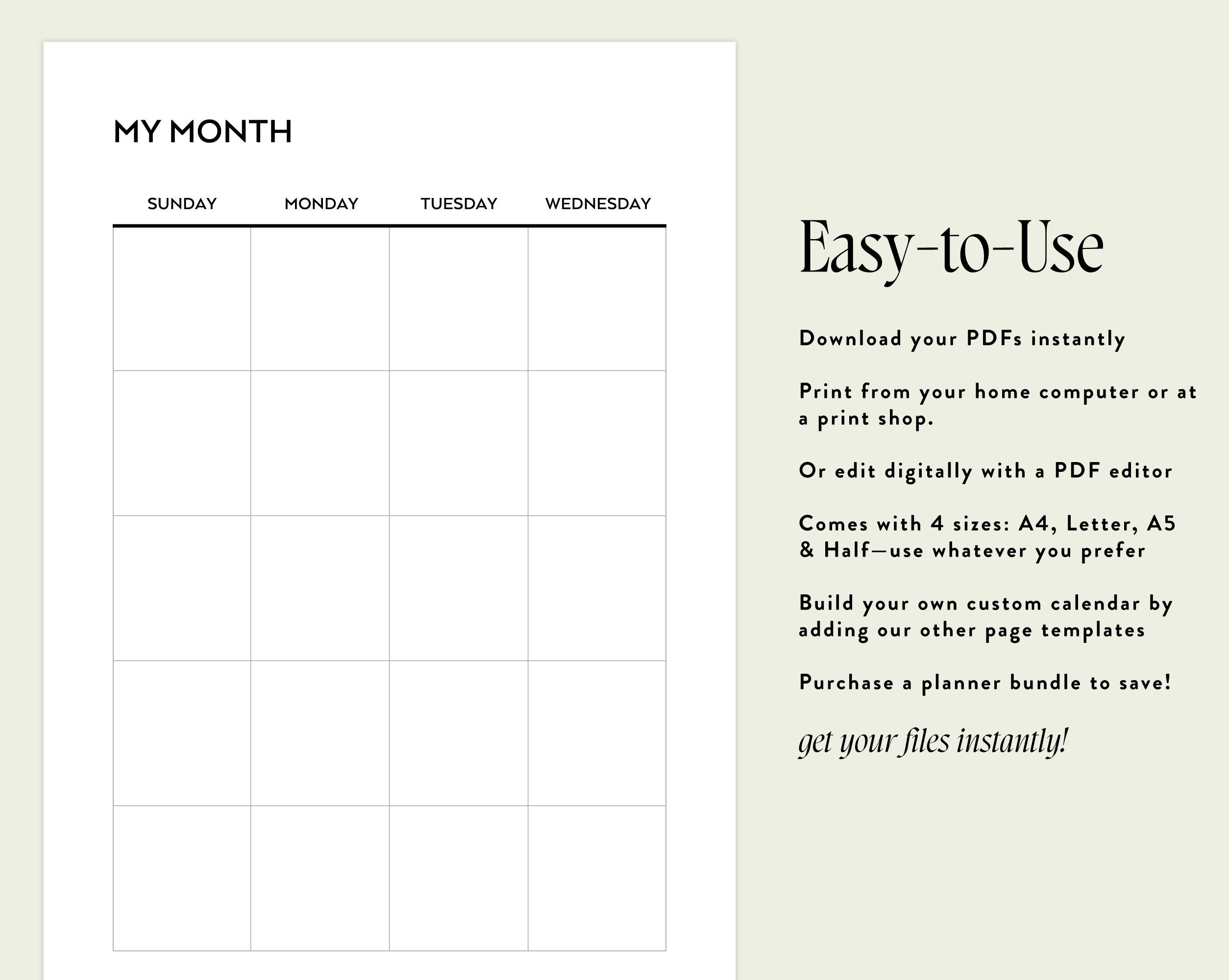 Undated Monthly Planner Printable, Month on Two Pages, Monthly Calendar Inserts, Minimalist ...