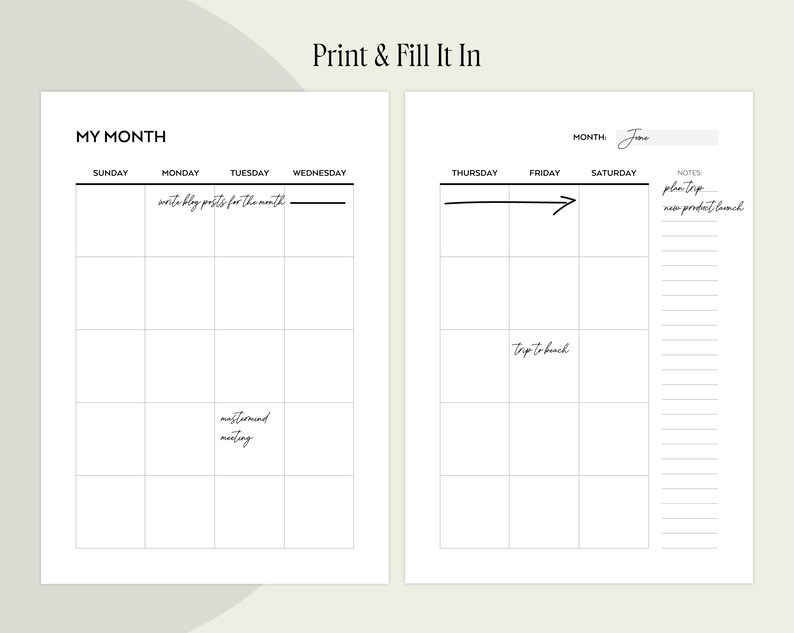 Undated Monthly Planner Printable, Month on Two Pages, Monthly Calendar Inserts, Minimalist ...