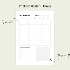 Monthly Planner Printable, Month on One Pages, Monthly Calendar Inserts ...