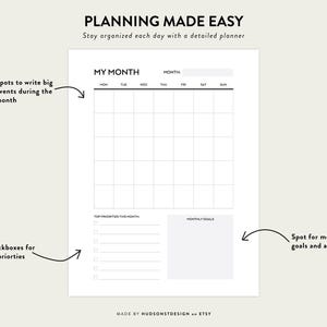 Monthly Planner Printable, Month on One Pages, Monthly Calendar Inserts ...