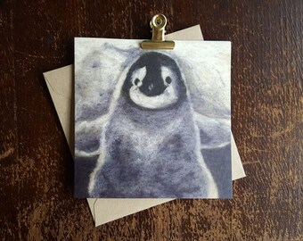 Needle felted penguin chick card 14 x 14 cm