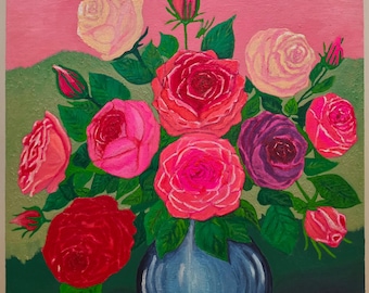 Dipinto originale ad olio di rose, natura morta con vaso di fiori rosa, tela incorniciata, 20F