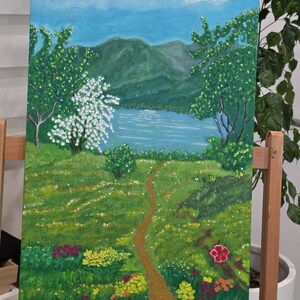 Original Landscape  Oil Painting, Lake Garden  Artwork, Korean Artist, 53 x 33.4 cm