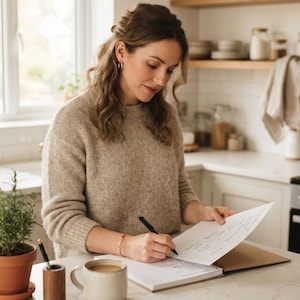 May include: A person wearing a beige knit jumper with long sleeves, writing with a black pen on a white sheet of paper placed over a notebook. A ceramic mug, a small wooden pen holder, and a potted rosemary plant are on the white countertop.