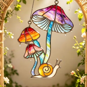 Stained Glass Mushroom Snail Suncatcher, Handmade Window Hanging Ornament, Cottagecore Decor, Fantasy Art, Nature Lover Gift, Wall Decor