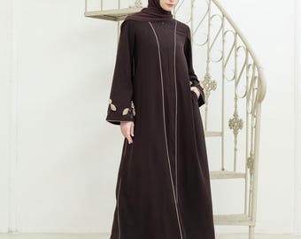 premium Anti Uv coffee Sequin Pailllette Sleeves Abaya modest Dress Hijab